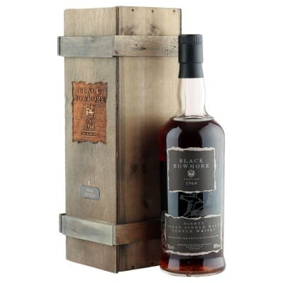 Black Bowmore 1964 bottle with wooden crate